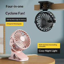 1pc Portable Rechargeable Clip Fan with Night Light 720 Rotation - NEW