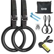 GHB Gymnastic Rings Gym 1.1" Olympic Adjustable Straps Pull Grey