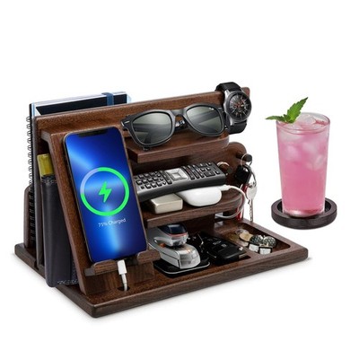 Wood Phone Docking Station Desk Organizer Nightstand Key Wallet Watch Holder Men
