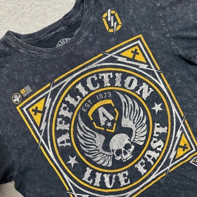 Affliction Live Fast Skull Wing Graphic T-Shirt Acid Wash Black Mens Size Large