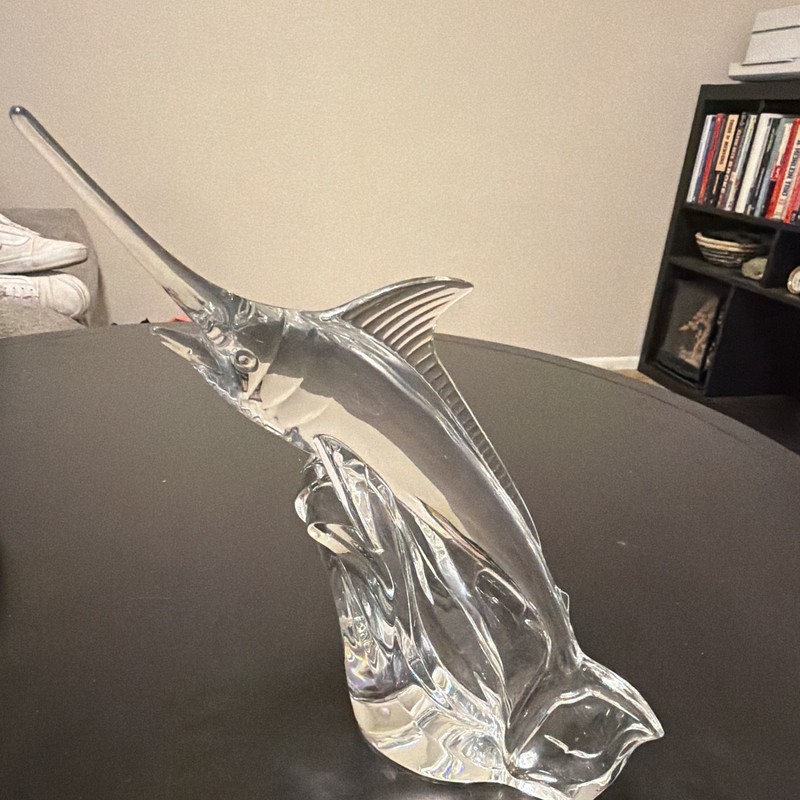 Unmarked Clear Glass Swordfish Figurine Sculpture Glossy Nautical 3D Effect