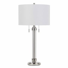 31 Silver Metallic Metal Two Light Cylinder Table Lamp With White Drum Shade
