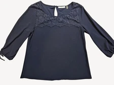 89th + Madison Womens Lace Trim Navy Blue Top 3/4 Sleeves & Keyhole Back Sz M