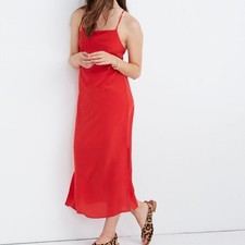 Madewell Silk Cross-Back Slip Midi Dress Womens Size 6 Red