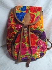 Beautiful Floral Multi Color Embroidered BackPack Zipper Pocket Flap Closure E3