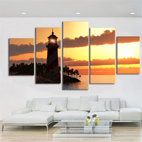 Tropical Island Lighthouse Sunset 5 Piece Canvas Print Wall Art - Picture 1 of 10