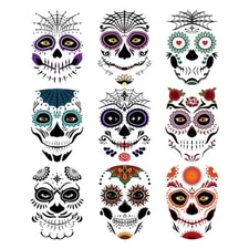9 Sheets Day of The Dead Sugar Skull Tattoos Halloween Costume Temporary Tattoos
