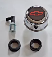 Chrome Valve Cover Breather & Grommet  PCV Valve CHEVY BOWTIE SYMBOL RED NEW 