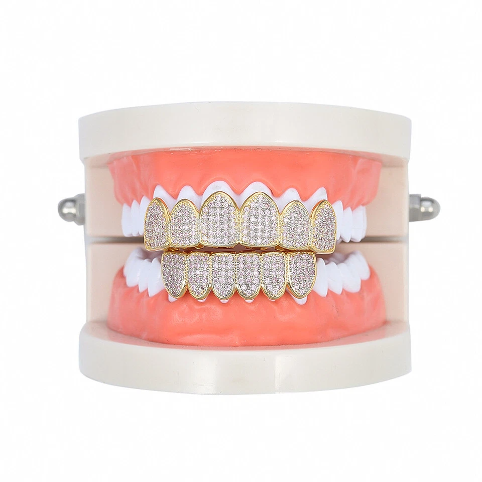 6 Teeth Grillz PINK CZ Mouth Top Bottom Iced   Bling Hip Hop Tooth Caps A9273 Foto 2 de 4