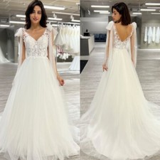 V Neck Wedding Dresses Beach Backless White Ivory Boho Grass Tulle Bridal Gowns