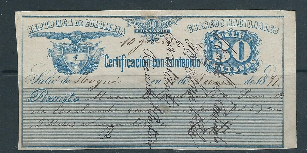 COLOMBIA 1891 INSURED VALUE stamp 30 centavos USED | eBay