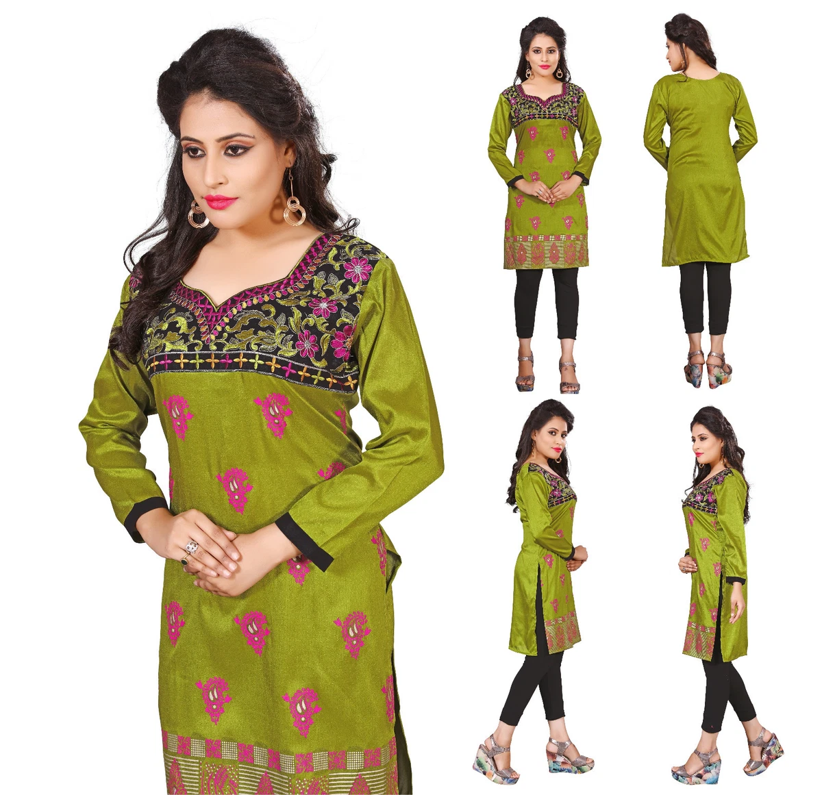 Women Fashion Ethnic Short Kurti Tunic Kurta Long Sleeves Top Shirt Dress ECCO12