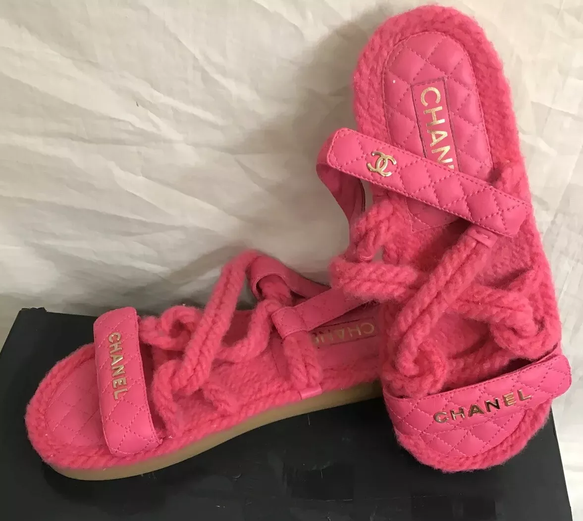 Chanel Rope Sandal Wedge Leather Strap Gold CHANEL Hot Pink NEW Size 40