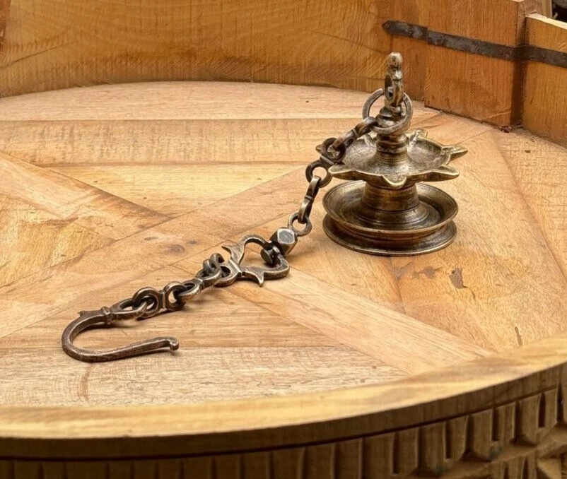 Antique Brass Hanging Diya Oil Light Lamp with Chain Original Old Fine Engraved - Image 2 of 4