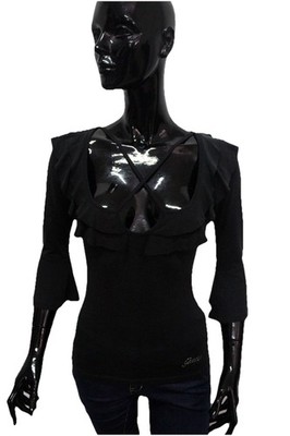 Guess Damen Bluse XS Schwarz Puder Volant Tiefer Ausschnitt Original Sexy
