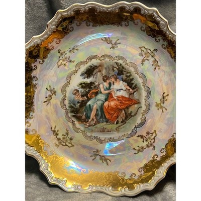 Kahla Germany Lusterware Serving Bowl Gold Gilt Figural Scene 12'' VTG GDR