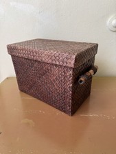 Woven Brown Rectangular Storage Basket With Cover And Handles