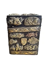 ANTIQUE JAPANESE MENUKI ADORNED WOOD PLAYING CARD BOX EDO PERIOD