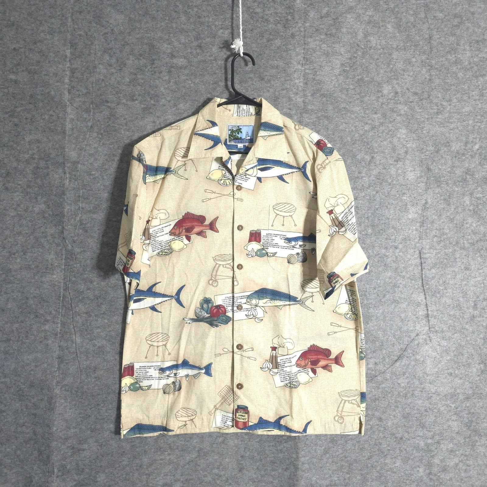 AFCO Bluewater Fishing Shirt Men Medium Blue Recipe Print Short Sleeve Button Up