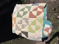 Vintage 1930s FeedSack Drunkards Path Variation cotton quilt handmade 82 x66