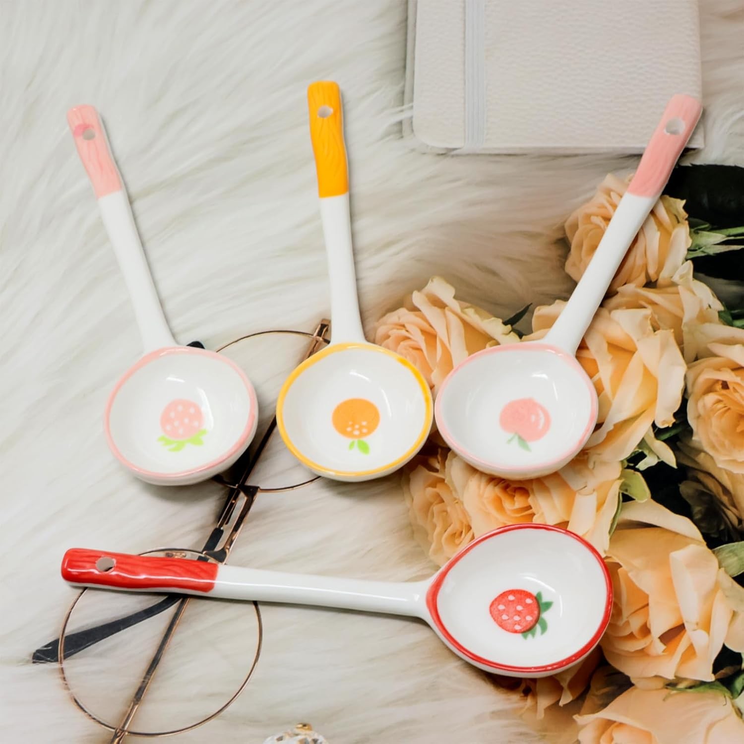 Honbay 4PCS Long Handle Ceramic Soup Spoons Cute Fruit Strawberry Multicolor 