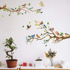 DILIBRA Hummingbird on The Tree Branch Wall Sticker, Green Leaf and Flying A 