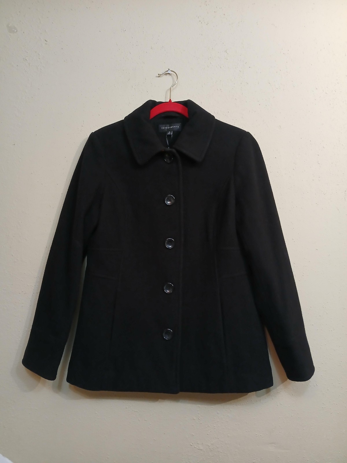 Investments Coat Womens Small Black Wool Blend 5 Button Front Lined Jacket