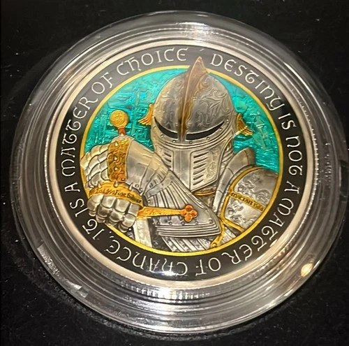 Destiny Series Knight & Dragon 2 Oz 999 Fine Silver Enamelled Round. Phelimint