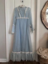 VTG Prairie Dress Light Blue 7/8 Edwardian Victorian Cottagecore Ruffle Lace