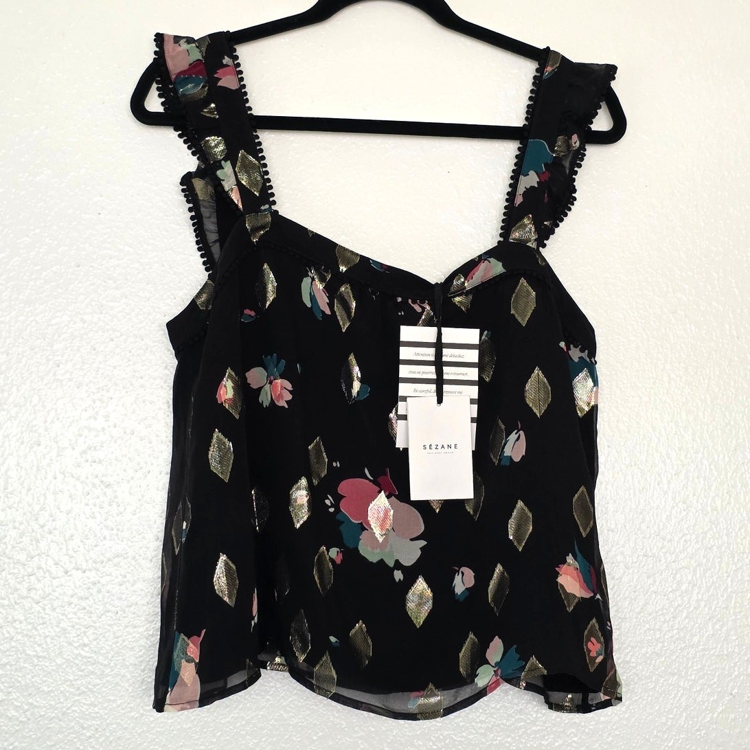 Sezane Abby Blouse Black Metallic Floral Diamond Silk Tank Top Button Down image 2