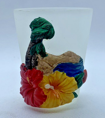 Shot Glass Frosted 3D ''Tropical Island Scene Flowers Palm Tree Water''Souvenir