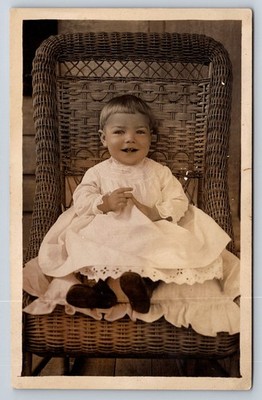 RPPC Nittany PA Area Happy Baby Toddler Child Wicker Chair 1900s  Postcard