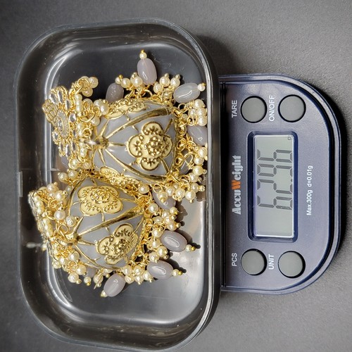 Gold Plated Kundan Jhumka Monalisa CZ Stones Indian Bollywood Flower Earrings - Picture 15 of 15