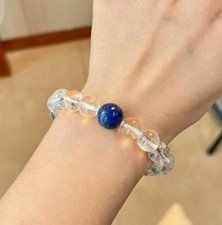 Natural 10mm Clear Crystal Lapis lazuli Gemstone Reiki Healing Bracelet 7.5in