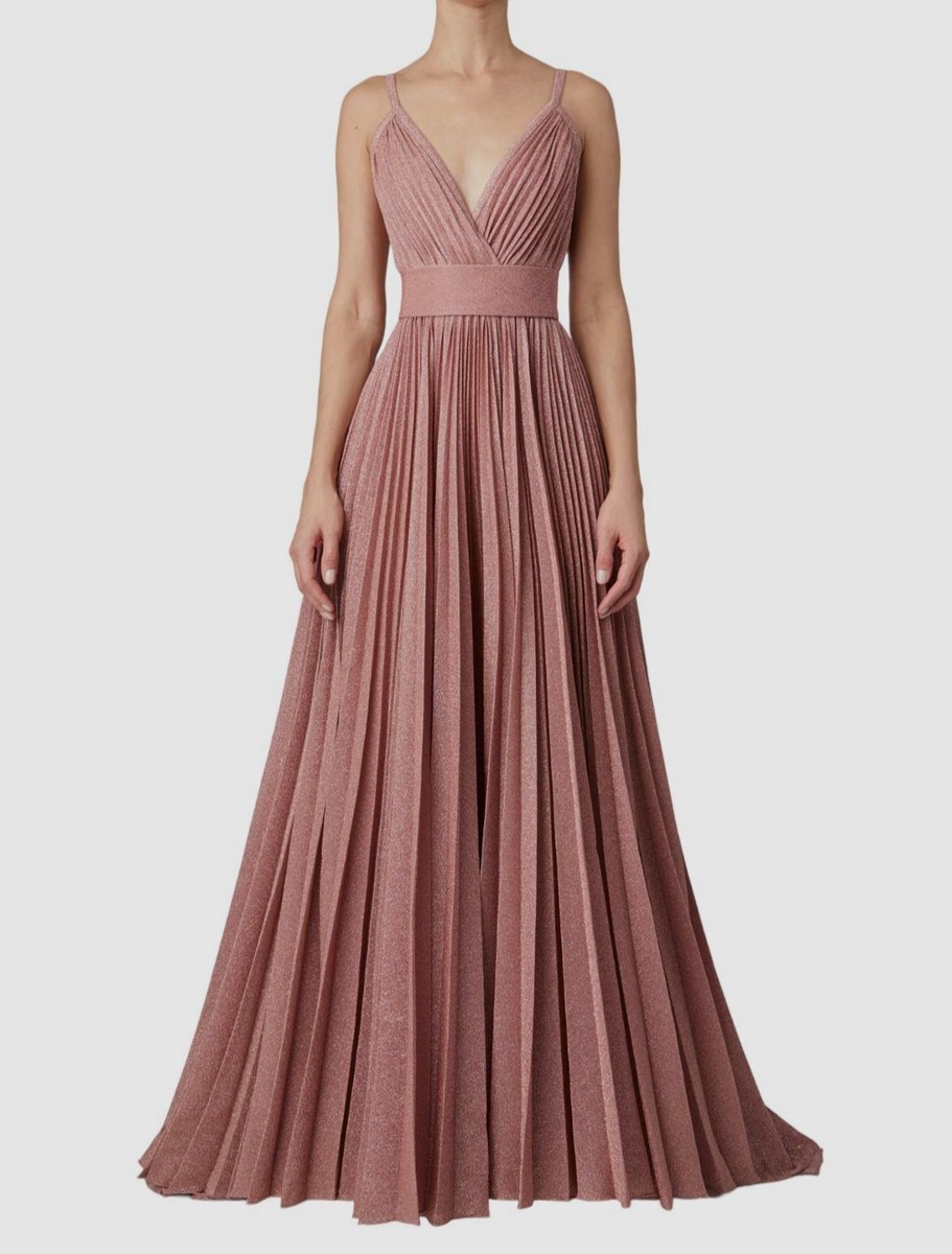 $4710 Elie Saab Women's Pink Silk Pleated V-Neck Gown Dress Size