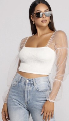 white smocked puff sleeve top