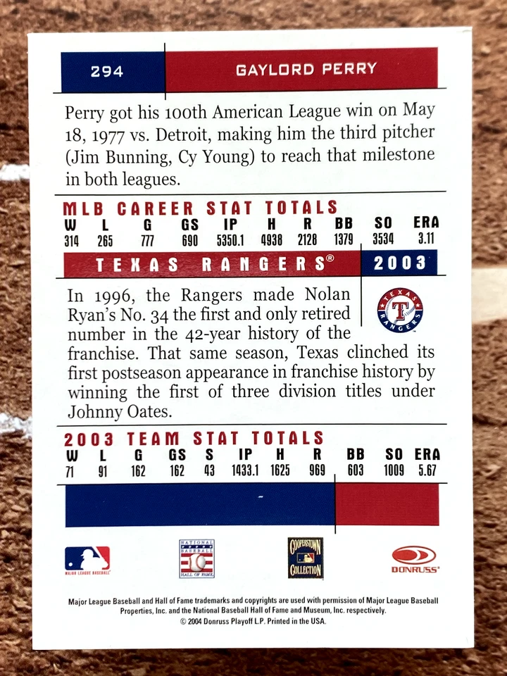 2004 Donruss Team Heroes Gaylord Perry #294 - Image 2 of 2