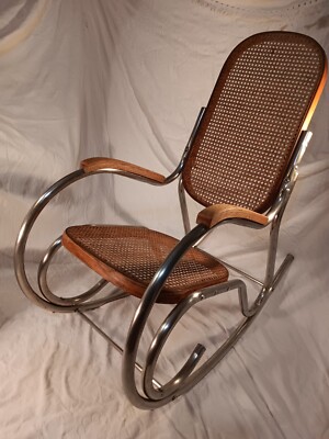 Mid Century Modern Bentwood Tubular Rocker Chrome & Cane Rocking Armchair