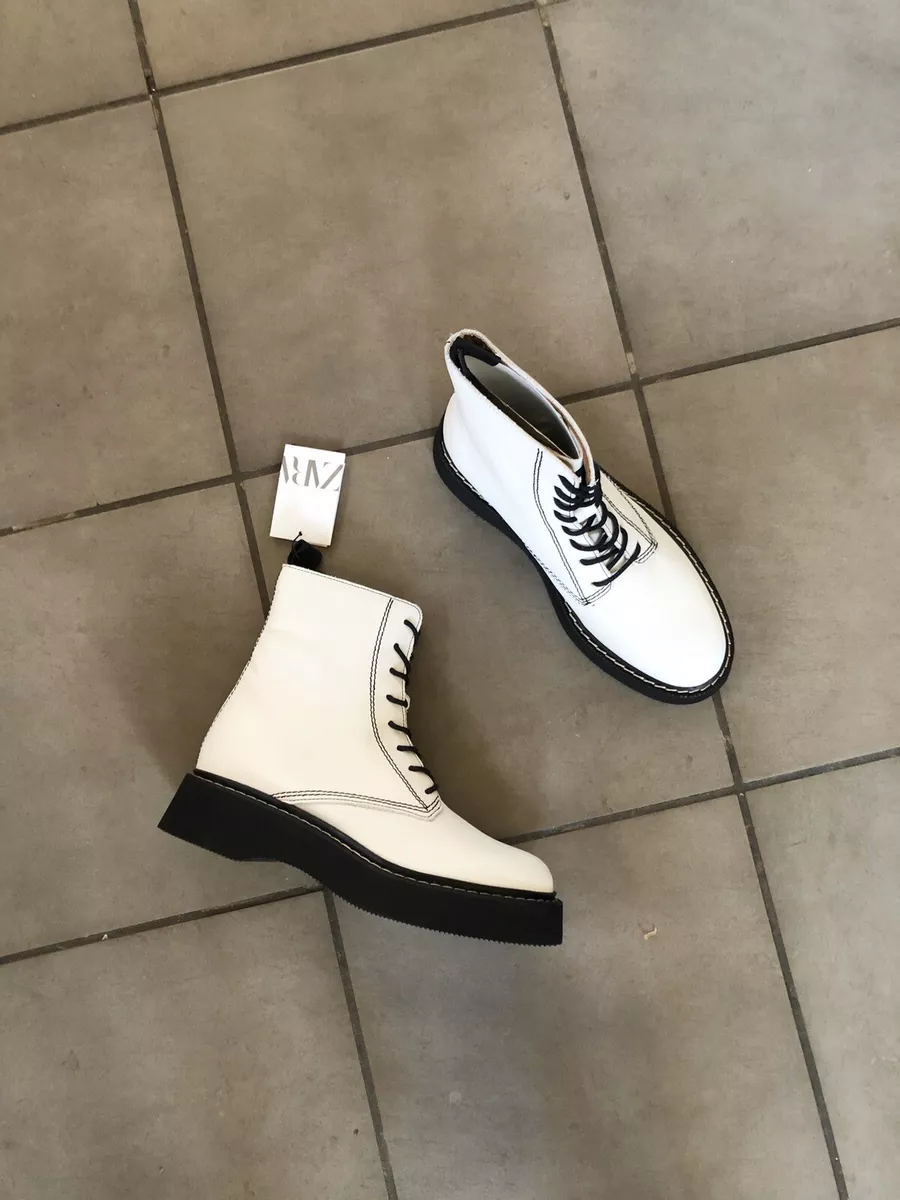 Zara White Leather Military Style Track Sole Ankle Boots UK6 EU39 US8 677