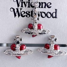 Vivienne Westwood Diamante Heart Necklace Earrings Set Red Silver NO BOX EJ5009