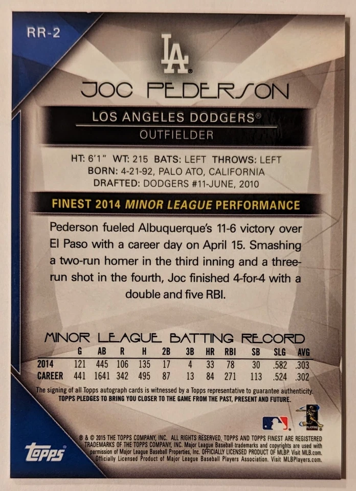 Joc Pederson 2015 Topps Finest Mystery Redemption 94/99 Auto Rookie RC Dodgers - Imagem 2 de 2