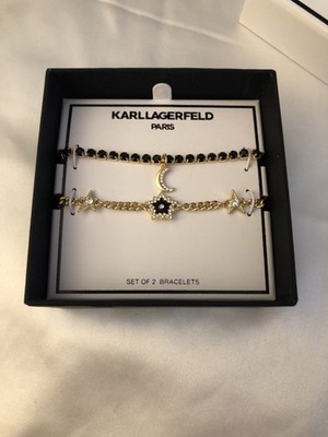 Karl Lagerfeld Paris 2PC Gold Tone Moon & Star Slider Bracelet Set Crystal NIB