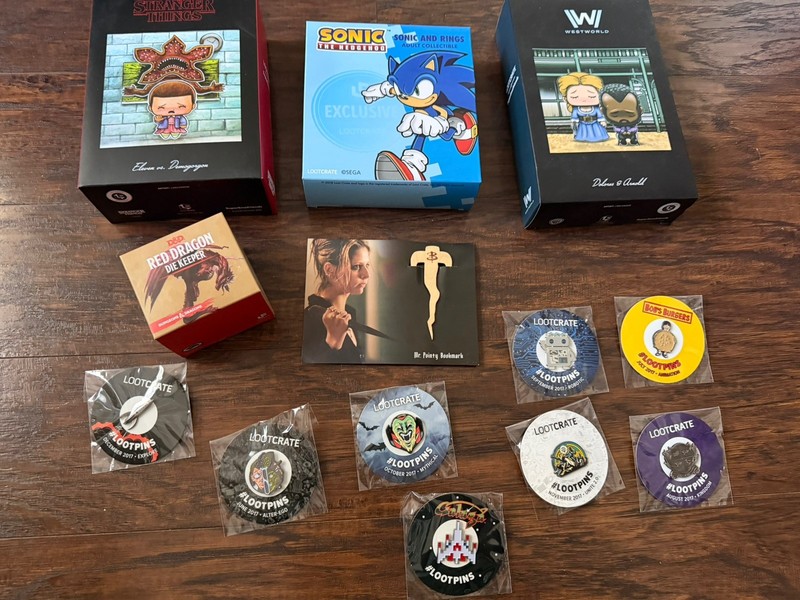Lot Of Various Loot Crate Pins And Merchandise All New And Unused