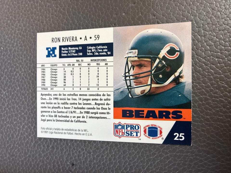 1991 Pro Set Spanish - #25 Ron Rivera - Chicago Bears - Image 2 of 2