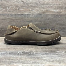 OLUKAI Shoes Men Moloa Leather Brown Dark Wood Java Size 10M Slip On Loafer
