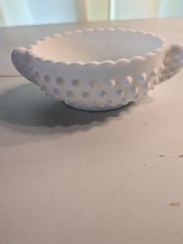 Vintage Old Fenton White Milk Glass Hobnail Oval But Dish With Handles