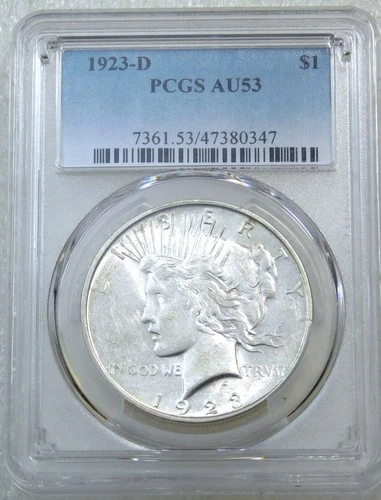 1923-D Peace Silver Dollar PCGS AU53 Frosty Luster PQ New Holder #P285B