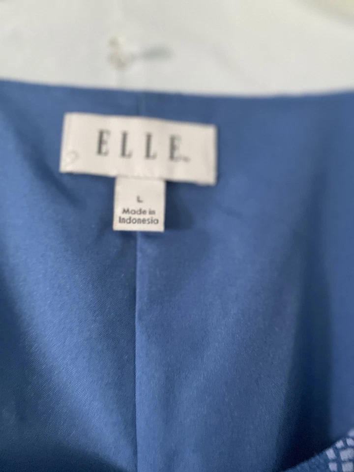 ELLE Women's Size L Belted Fit N Flare Blue Patterned Dress Sleeveless - Image 4 of 4