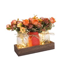 Mason Jar Table Centerpiece Decor with Lights, Wood Tray  3 Artificial Flowe...