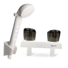 RV Shower Faucet with Head and Hose - Indoor Outdoor Camper White w/ Black Knob